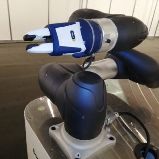 zusammengeklappt Doosan Robotics M-Serie navy mit Schunk Zweifingergreifer co-act kollaborativer Greifer auf mobilem Tisch