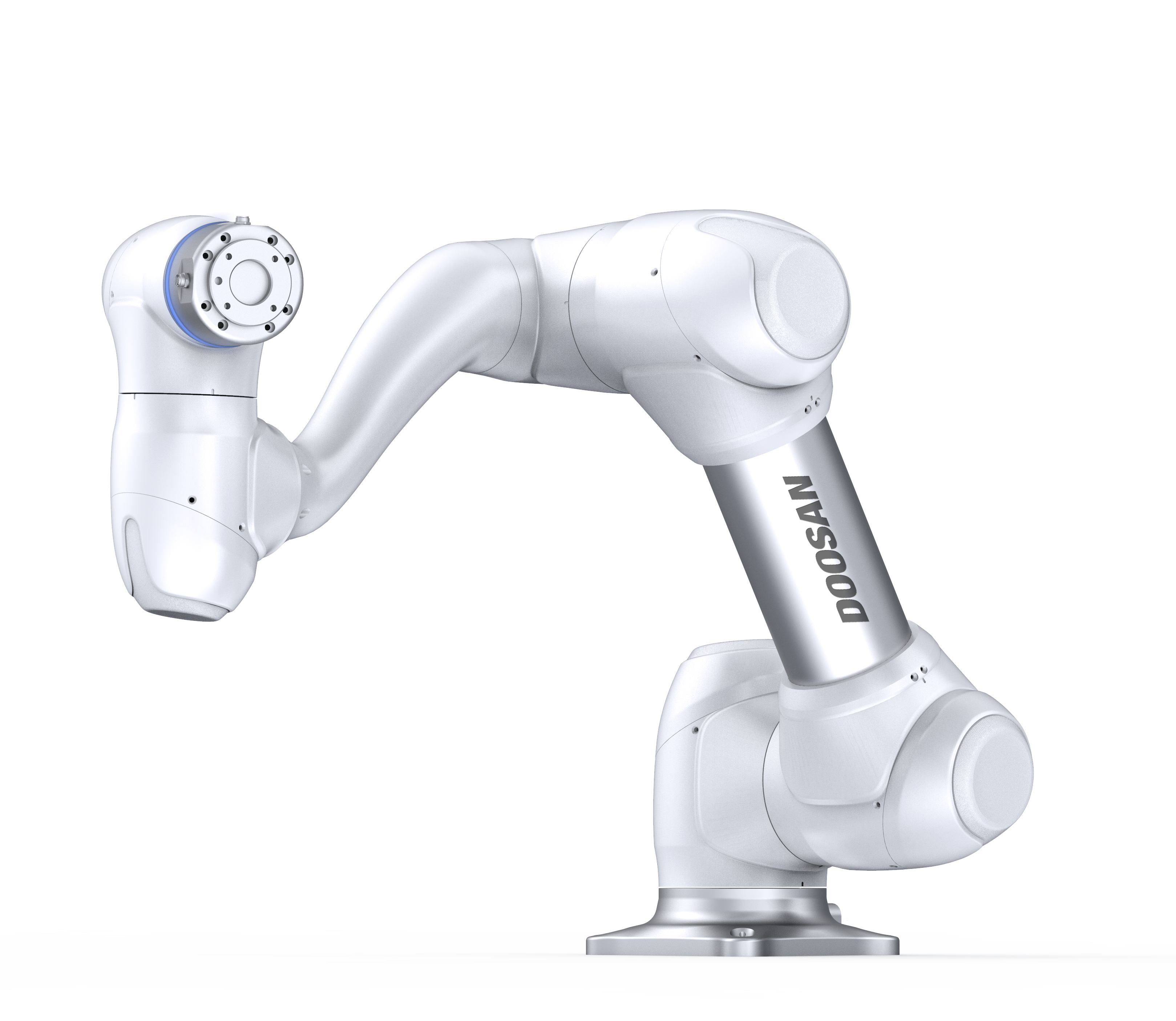Doosan Roboter M0609 kollaborative Roboter mit 6 Drehmomentsensoren für echte MRK Mensch-Roboter-Kollaboration, Front Ansicht, Cobot-Schleif-Applikation